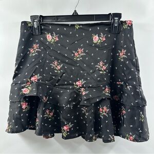 Forever 21 Satin Floral Mini Skirt – Black with Red Flowers, Size Medium